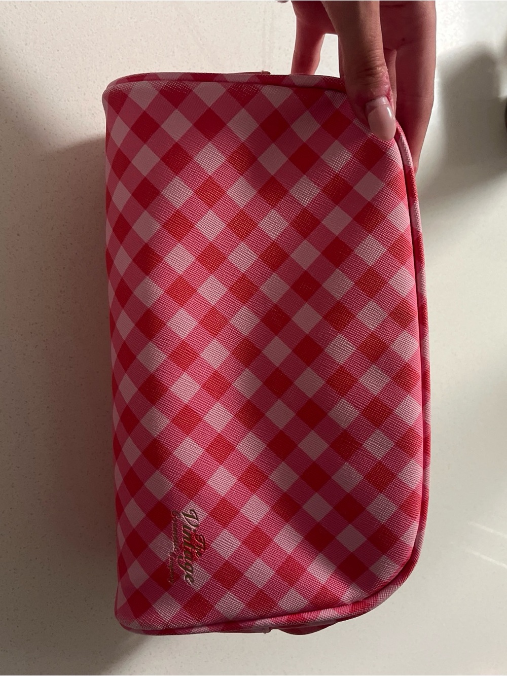 Checked Pink Cosmetic Pouch with Script Logo